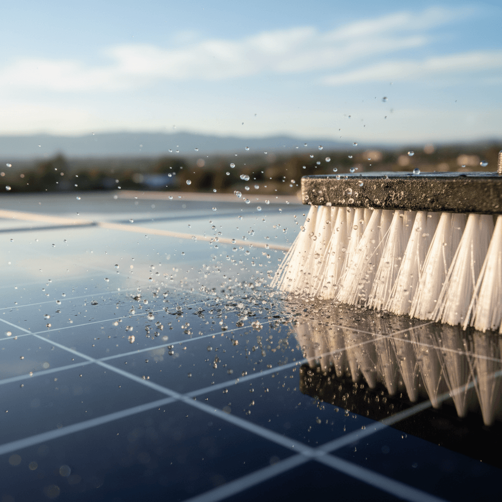 Water-fed brush cleaning solar panel with precision