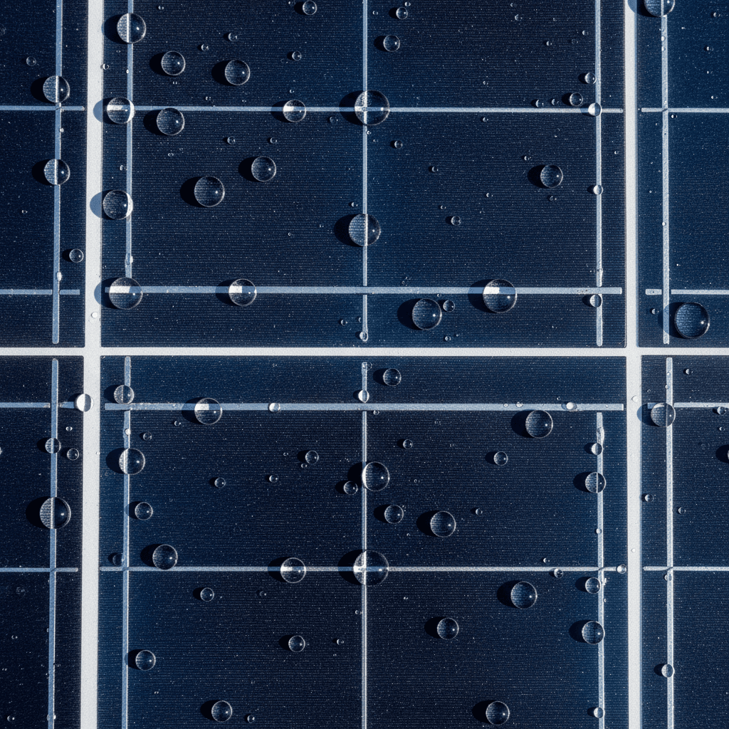 Deionized water droplets on clean solar panel