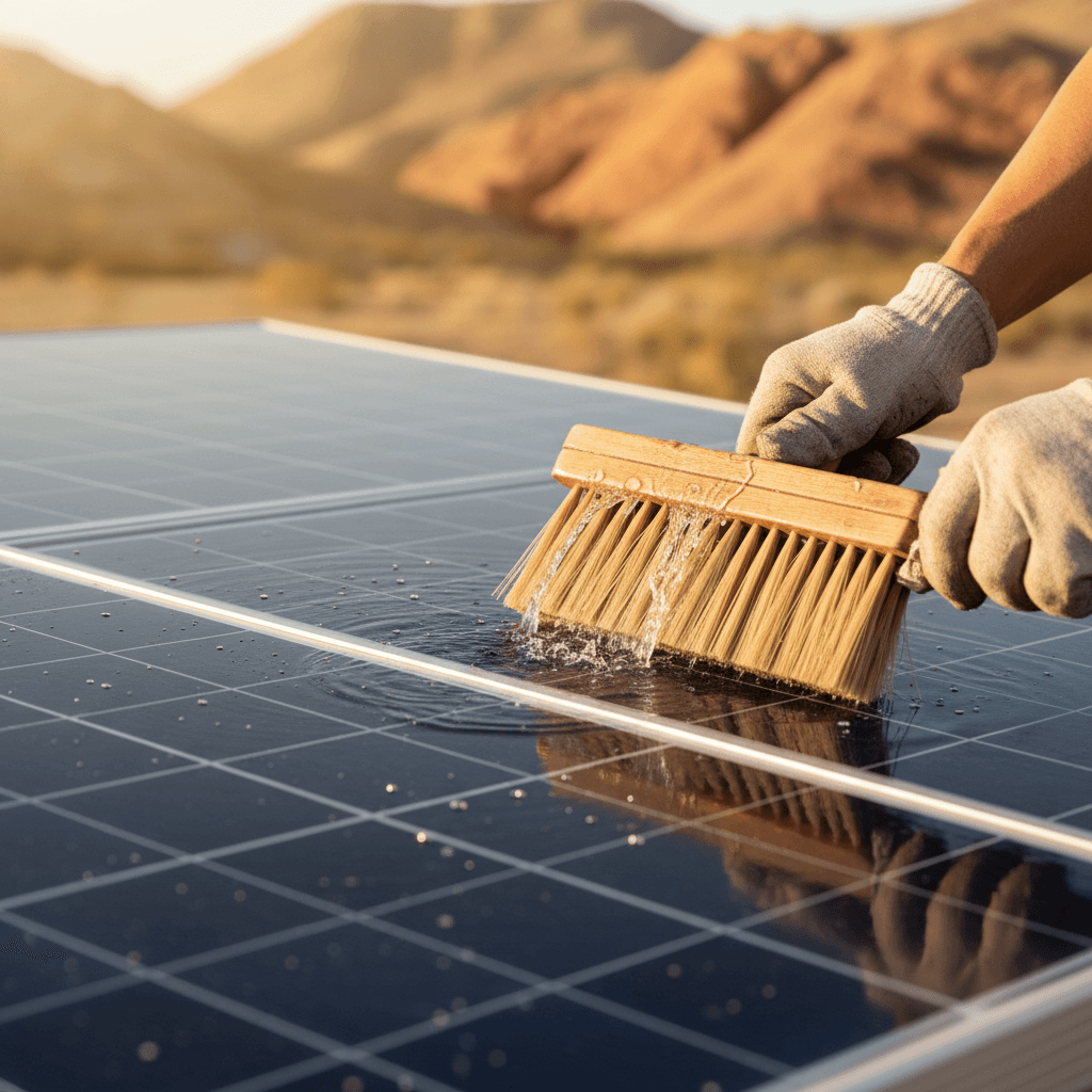 Water-fed brush cleaning solar panel surface