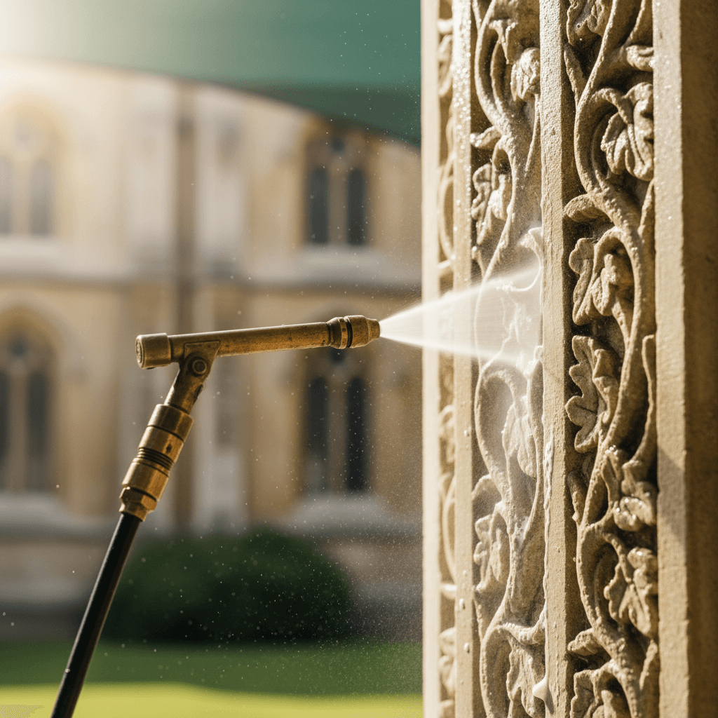Close-up of deionized water cleaning technique on solar panel surface